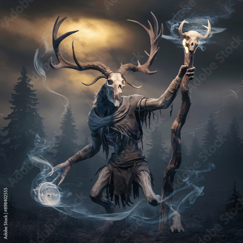 A surreal depiction of a mystical Windigo forest deity with deer antlers, emerging in a foggy forest at dawn. Perfect for fantasy art enthusiasts, book covers, or spiritual artwork collections. photo