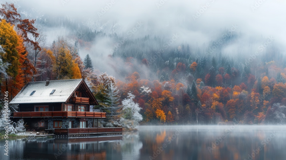 Vacation house with scenic view in Fall with colorful foliage by lake Vacation house with scenic view in Fall with colorful foliage by lake