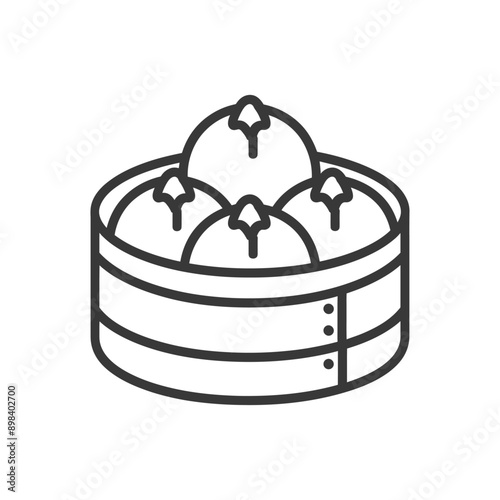 Line art illustration of four steamed buns in a bamboo steamer