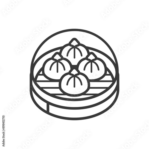 Line art illustration of four dumplings in a steamer basket