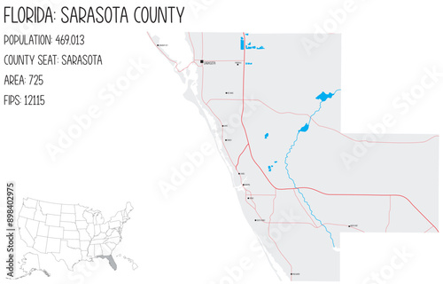 Large and detailed map of Sarasota County in Florida, USA.