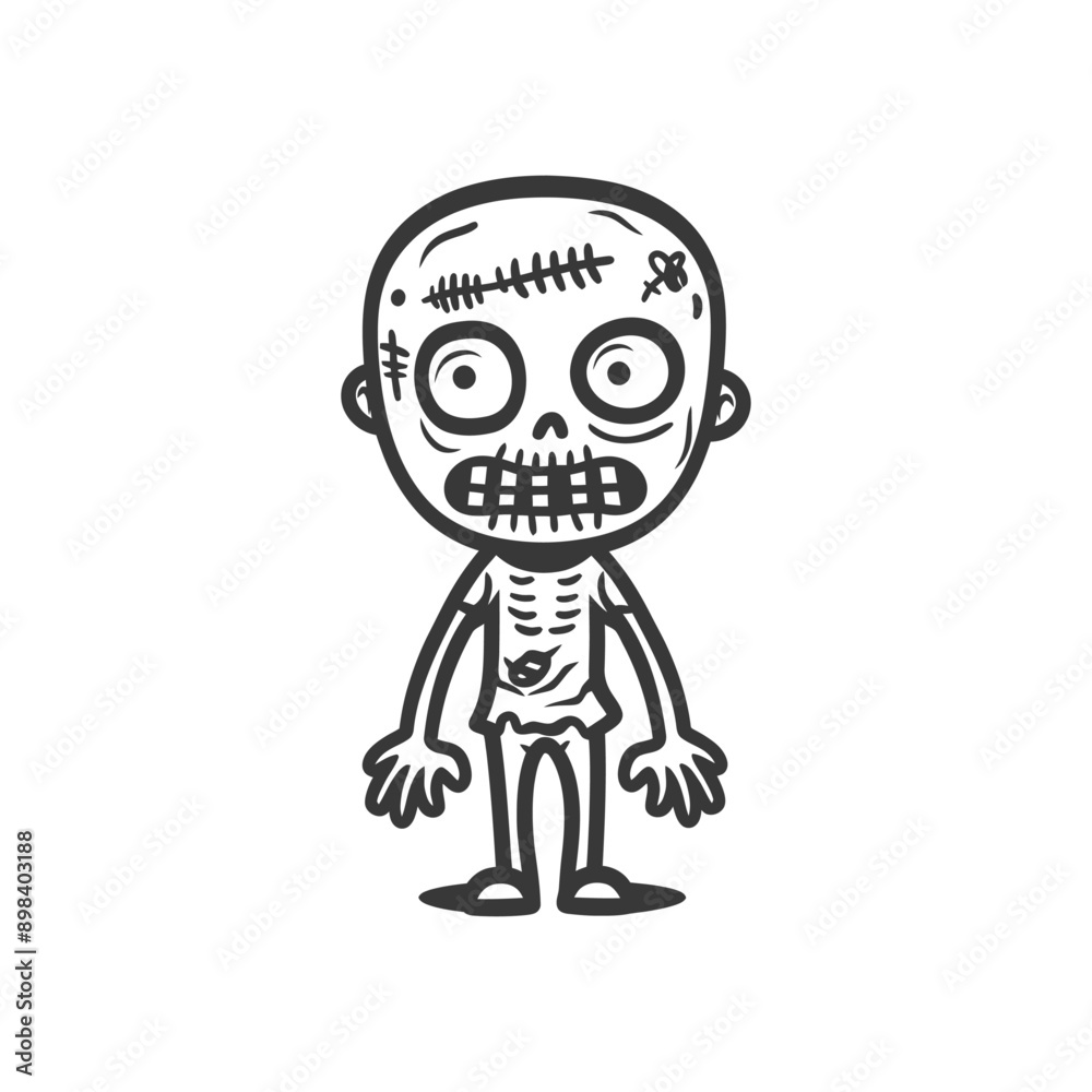 Cartoon Zombie Character with Stitches and Exposed Skeleton Cartoon Zombie Character with Stitches and Exposed Skeleton