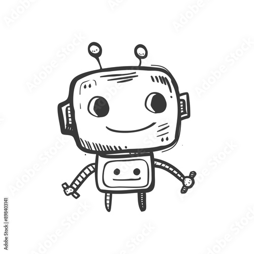Hand drawn cartoon robot with antennas and a smiling face