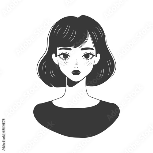 Black and White Illustration of a Woman with Short Hair and Freckles