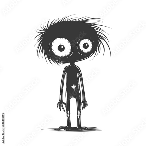 Cartoon Monster with Big Eyes and Messy Hair