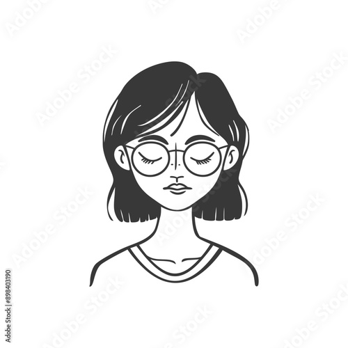 Black and white illustration of a woman with short hair and glasses