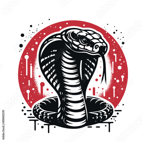 Cobra snake. round emblem.  Black and red vector illustration. Abstraction, tattoo sketch, print	