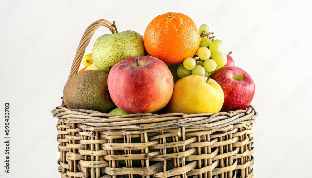 A Wicker Basket Full of Fresh Fruit Against a White Background A Wicker Basket Full of Fresh Fruit Against a White Background