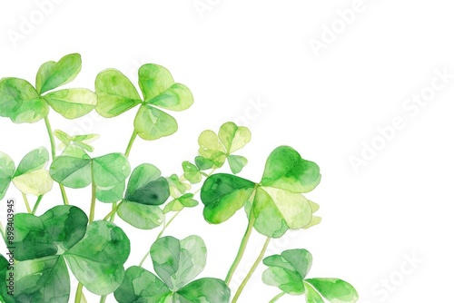 Watercolor illustration of four-leaf clovers growing together, symbolizing luck and good fortune.