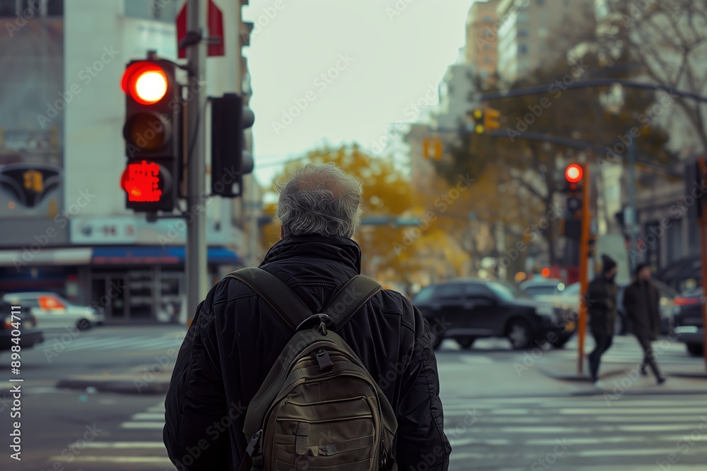 Rear view of a man wearing a backpack waiting at a city crosswalk with traffic and buildings in the background.