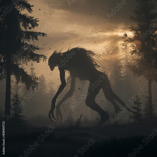 A surreal depiction of a mystical Windigo forest deity with deer antlers, emerging in a foggy forest at dawn. Perfect for fantasy art enthusiasts, book covers, or spiritual artwork collections. photo