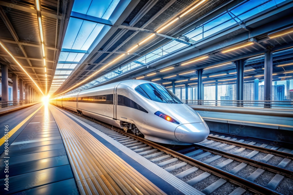 High-speed bullet train hurtles out of a modern station, its sleek, aerodynamic body a blur as it accelerates away from the platform at incredible velocity. High-speed bullet train hurtles out of a modern station, its sleek, aerodynamic body a blur as it accelerates away from the platform at incredible velocity.