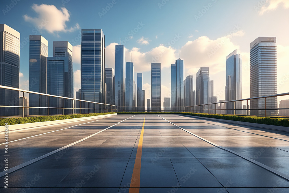 Fototapeta premium Modern building and concreted floor with city skyline as a backgrund.