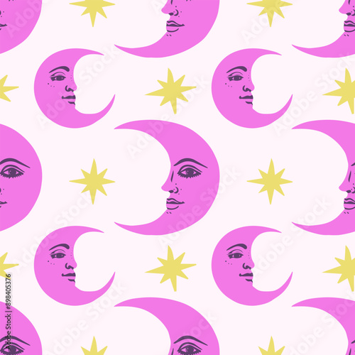 Bright fuchsia color crescent moon and yellow stars on a light background. Seamless vector moon pattern.