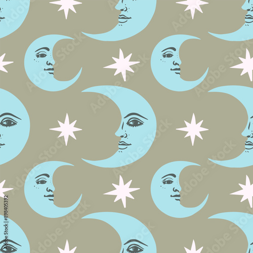 Vector seamless pattern with moon and stars. Vintage background in boho style.