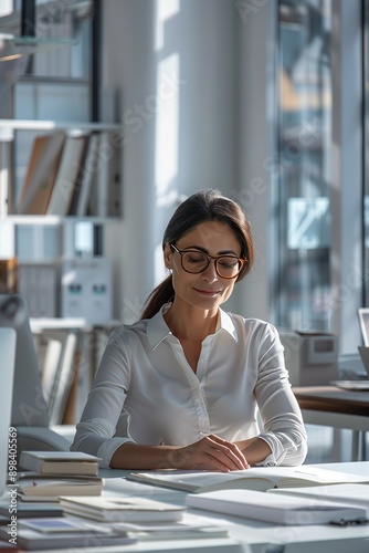 Businesswoman focusing on paperwork in a bright, contemporary office setting, with shelves and large windows in the background.