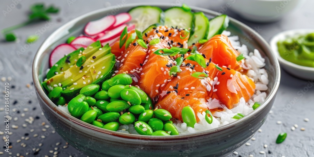 A delicious bowl of sushi filled with a variety of healthy ingredients. Includes seafood, peas, and other vegetables in a soy sauce dressing, all garnished for a flavorful meal. A delicious bowl of sushi filled with a variety of healthy ingredients. Includes seafood, peas, and other vegetables in a soy sauce dressing, all garnished for a flavorful meal.