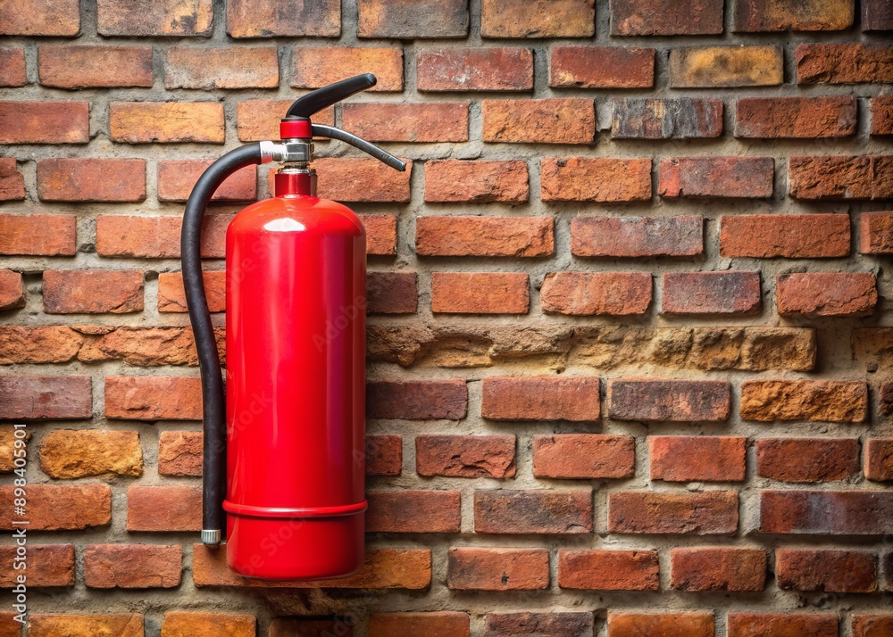 Obraz premium A red fire extinguisher is firmly mounted to a rustic brick wall, ready for emergency use, symbolizing fire safety and preparedness in industrial settings.