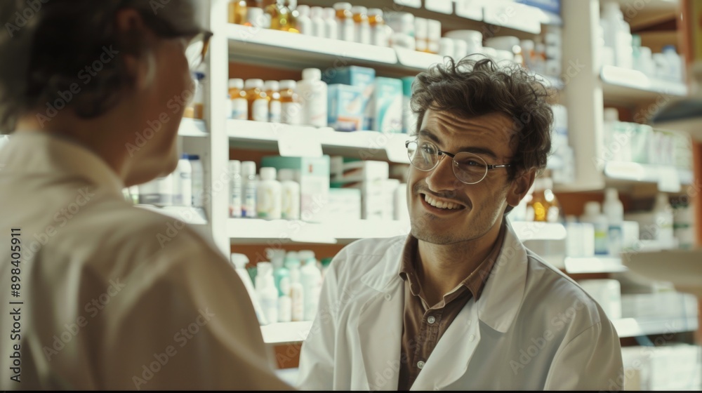 A pharmacist engaging in a conversation with a customer regarding medication and health-related topics. A pharmacist engaging in a conversation with a customer regarding medication and health-related topics.