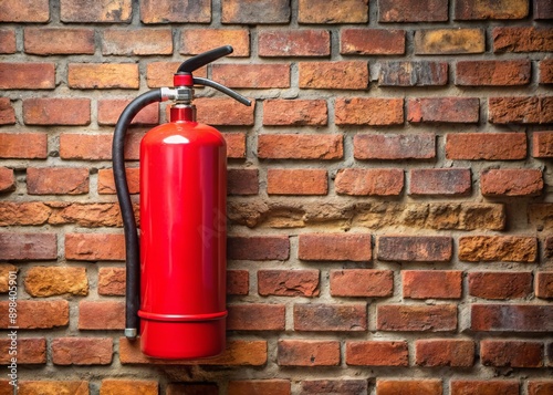 A red fire extinguisher is firmly mounted to a rustic brick wall, ready for emergency use, symbolizing fire safety and preparedness in industrial settings.