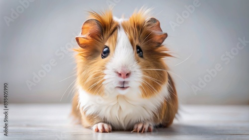 Adorable guinea pig with fluffy fur and twitching whiskers sits alone on a clean white floor, looking curiously into the camera with big round eyes.