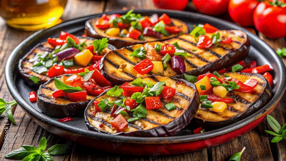 Vibrant grilled eggplant slices, topped with diced bell peppers, onions, and fresh herbs, sizzle on a charcoal grill, releasing savory aromas and tempting flavors. Vibrant grilled eggplant slices, topped with diced bell peppers, onions, and fresh herbs, sizzle on a charcoal grill, releasing savory aromas and tempting flavors.
