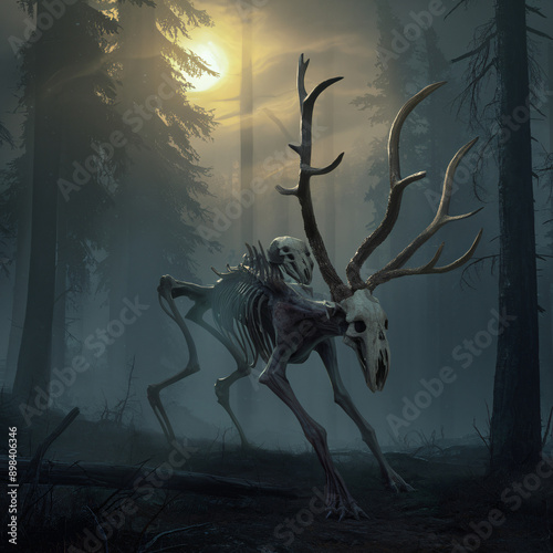 A surreal depiction of a mystical Windigo forest deity with deer antlers, emerging in a foggy forest at dawn. Perfect for fantasy art enthusiasts, book covers, or spiritual artwork collections. photo