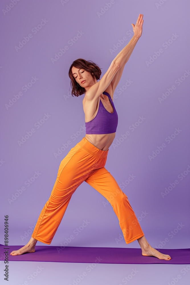 Woman performing a yoga pose in vibrant activewear against a solid purple background, embodying strength and balance in practice. Woman performing a yoga pose in vibrant activewear against a solid purple background, embodying strength and balance in practice.