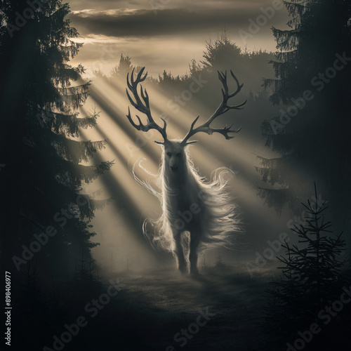 A surreal depiction of a mystical Windigo forest deity with deer antlers, emerging in a foggy forest at dawn. Perfect for fantasy art enthusiasts, book covers, or spiritual artwork collections. photo