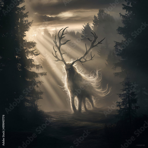 A surreal depiction of a mystical Windigo forest deity with deer antlers, emerging in a foggy forest at dawn. Perfect for fantasy art enthusiasts, book covers, or spiritual artwork collections. photo