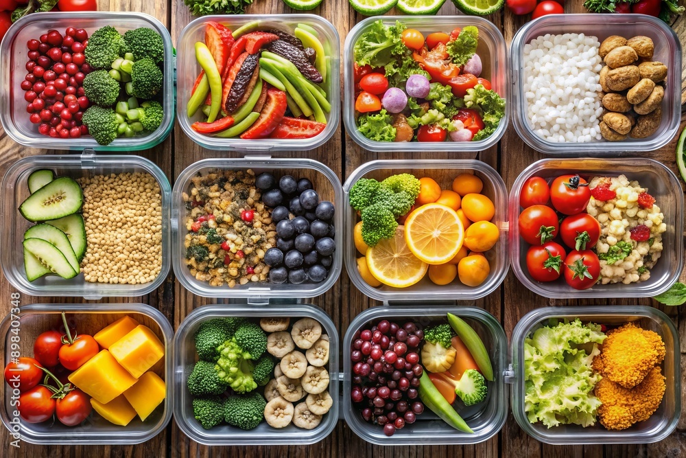 Colorful overhead shot of meal prep containers filled with fresh fruits, vegetables, lean proteins, and whole grains, with ample space for text or branding overlay. Colorful overhead shot of meal prep containers filled with fresh fruits, vegetables, lean proteins, and whole grains, with ample space for text or branding overlay.