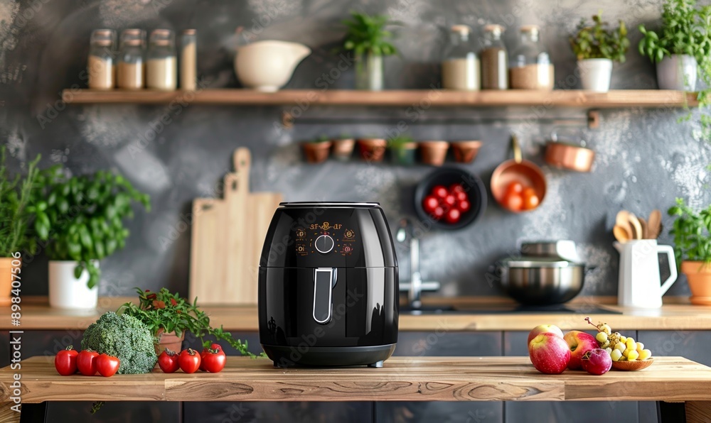 Black air fryer or oil free fryer appliance on the wooden table with cement wall kitchen