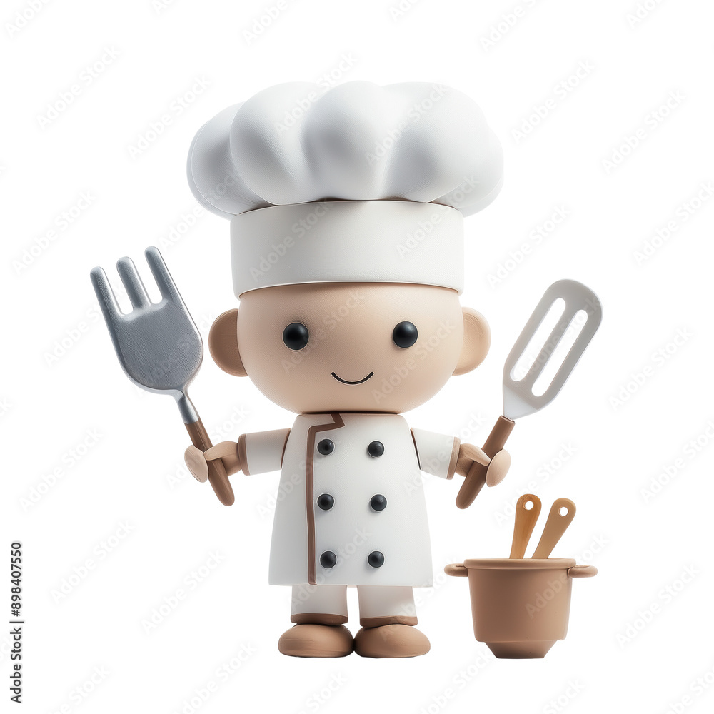 A cheerful cartoon chef character, wearing a white chef's hat and coat, holding cooking utensils and a pot, embodying a playful culinary theme A cheerful cartoon chef character, wearing a white chef's hat and coat, holding cooking utensils and a pot, embodying a playful culinary theme