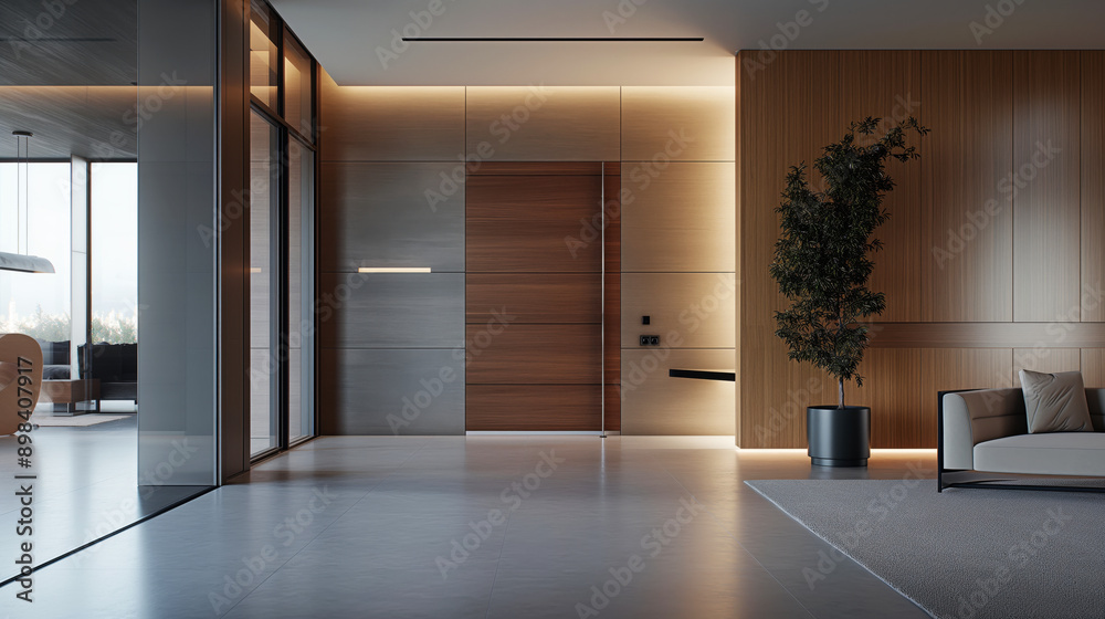 Modern interior of a minimalist living space with wooden paneling, large central door, potted plant, and contemporary furniture. Modern interior of a minimalist living space with wooden paneling, large central door, potted plant, and contemporary furniture.