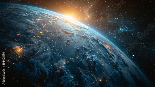 Fototapeta Naklejka Na Ścianę i Meble -  Planet earth is rotating in space showing a view of city lights at night with the sun rising over the horizon