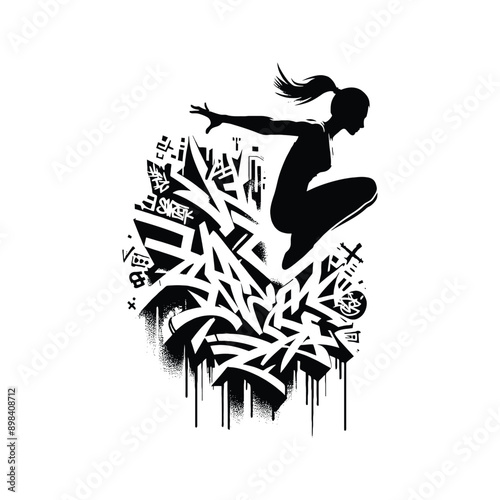Parkour  female player in graffiti tags, street art pattern illustration, emblem shield badge