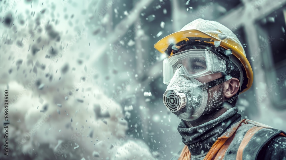 Construction worker wears protective gear in a dusty environment, ensuring safety during a demolition or building project. Construction worker wears protective gear in a dusty environment, ensuring safety during a demolition or building project.