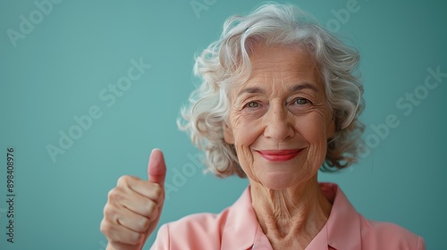 Happy elderly woman in pink blouse giving a thumbs up against a teal background, symbolizing positivity and approval.