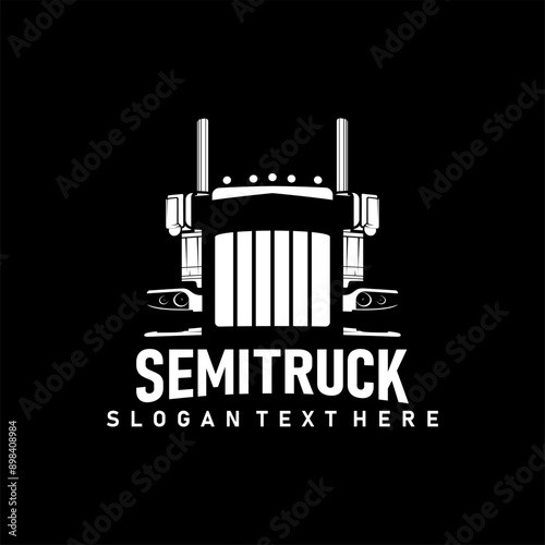 semi truck illustration black and white negative space design vector for sticker bussines logo etc	