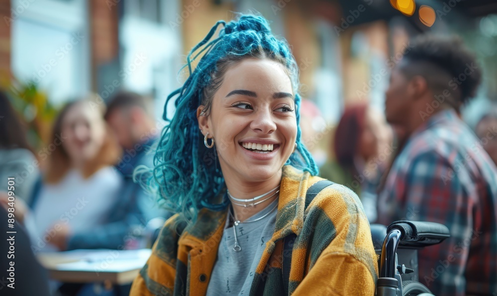Fototapeta premium Happy disabled black girl in a wheelchair with carer. Mother caring for handicapped daughter. Inclusion & diversity