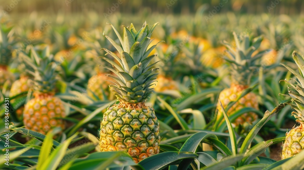 Fresh pineapple fruit growing in plantation field in farm Fresh pineapple fruit growing in plantation field in farm