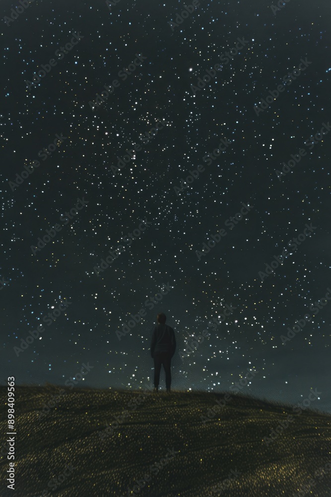 Fototapeta premium A man stands on a hill at night gazing at the starry sky and the milky way galaxy, creating a peaceful scene of the vastness of nature.