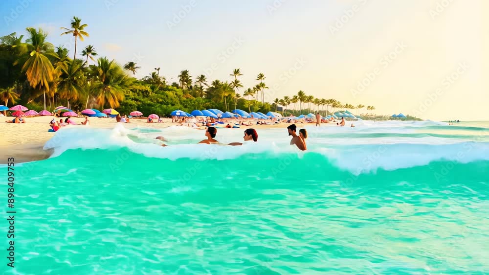 People swim in crystal clear water on a sunny beach surrounded by palm trees People swim in crystal clear water on a sunny beach surrounded by palm trees