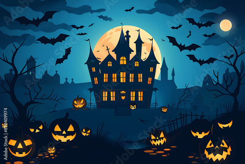 orange light grey door woods black forest trees moon light white light tree fence pumpkins light weird man walking bat house windows pumpkin face cloudy winter October spooky background for halloween