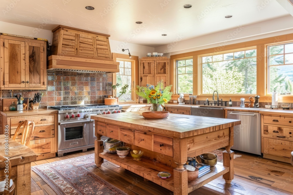 Kitchen with wooden cabinets and granite countertop. Northwest, USA