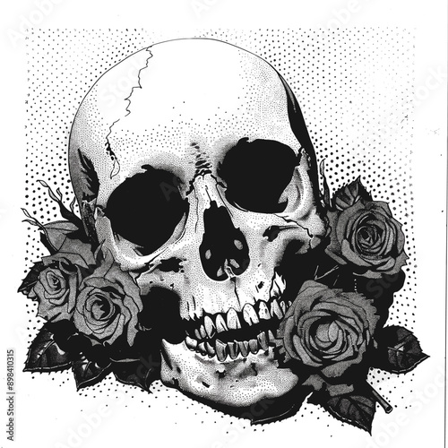 Skull and roses with halftone stipple effect, for a grunge punk design. Vector illustration for a vintage emo gothic banner