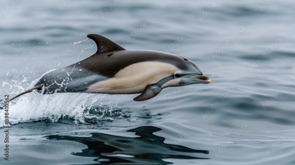 Fototapeta premium A dolphin leaps high out of the water during a performance in a pool