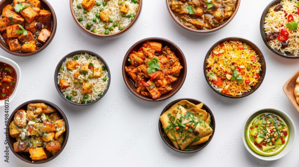 Photo of Indian food in ceramic bowls on a white background Photo of Indian food in ceramic bowls on a white background