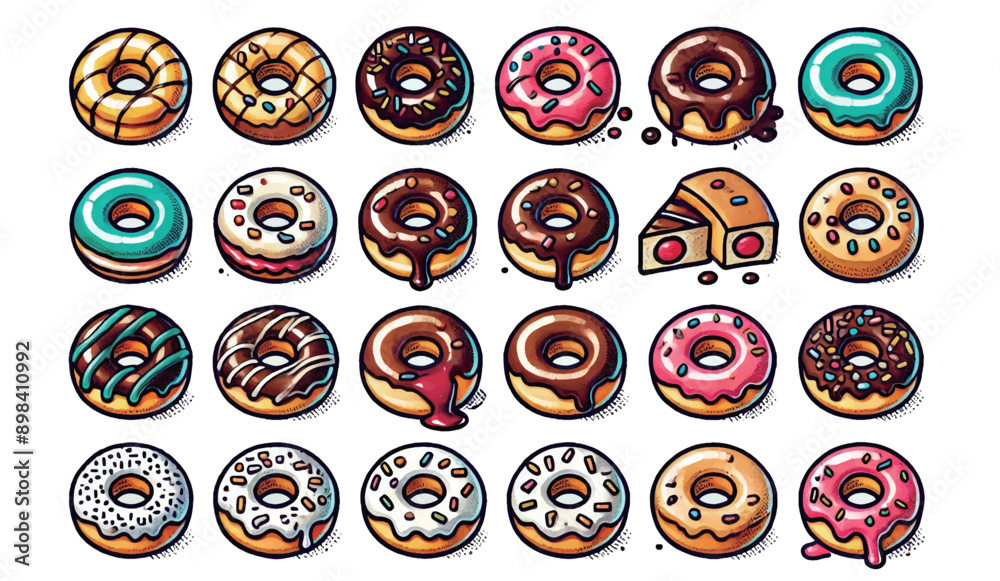 Hand-drawn Collection of Various Donuts with Icing and Sprinkles Hand-drawn Collection of Various Donuts with Icing and Sprinkles