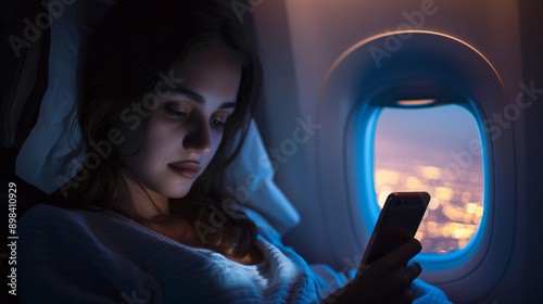 woman sits in an airplane seat, and looks at the phone screen. The window is illuminated by the blue light outside